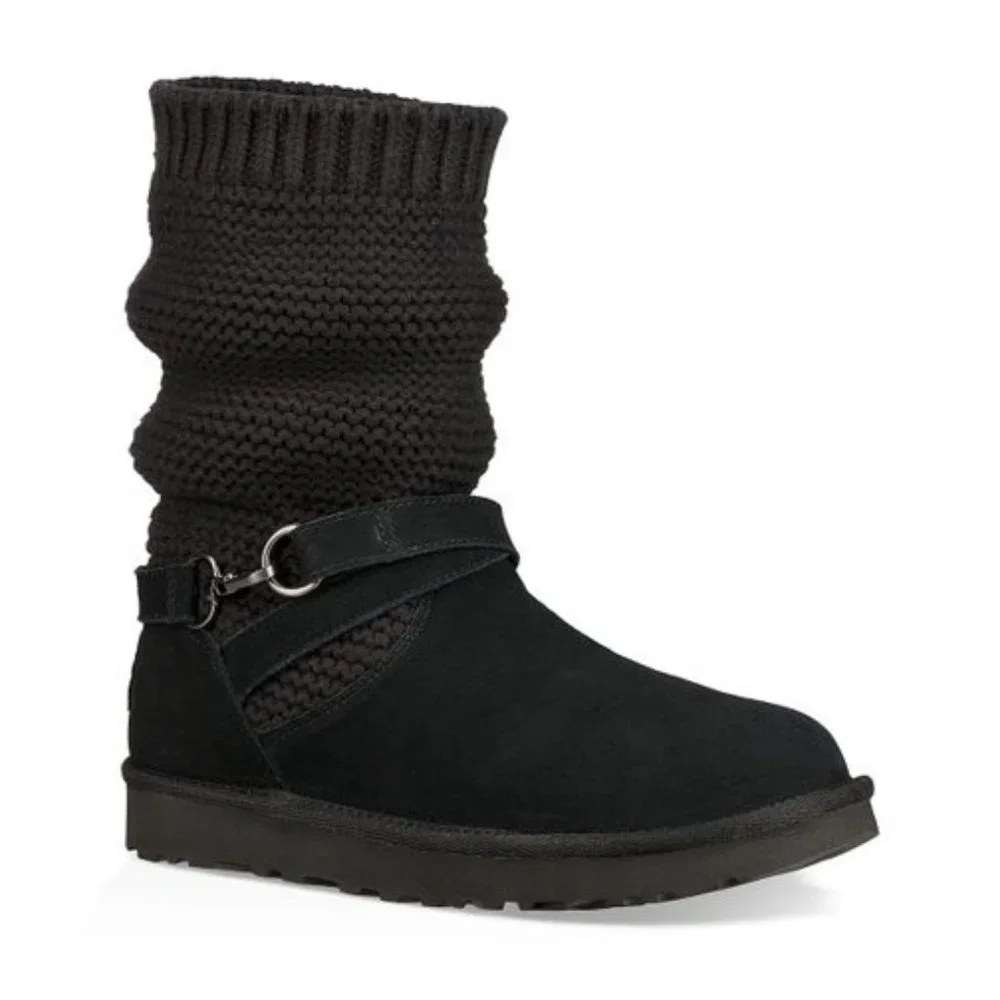 UGG Womens Purl Strap Boot 1098080 Black Suede Knit Cuff Wool Lined size 6